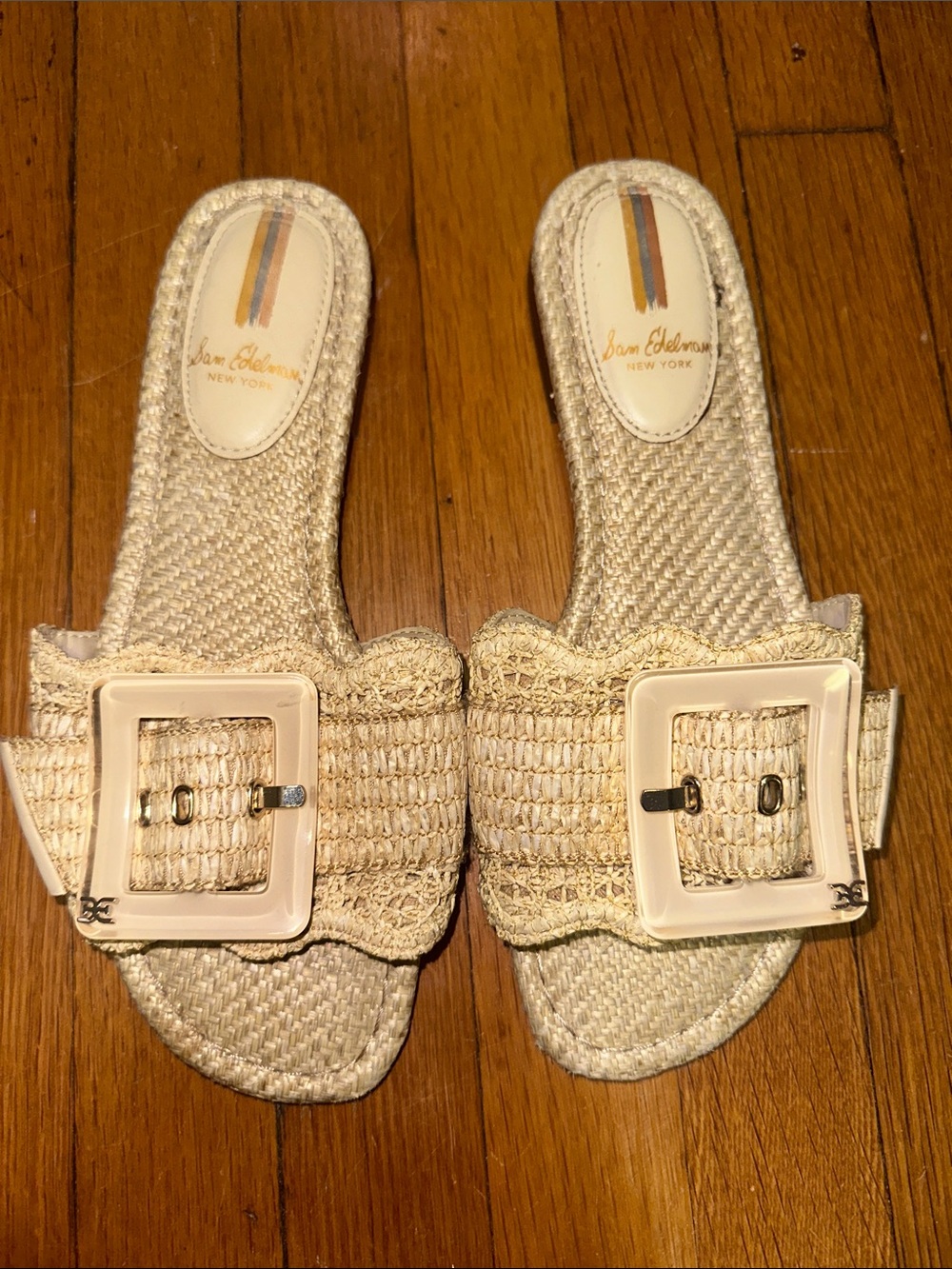Sam Edelman Cream Woven Buckle Slide Mules
